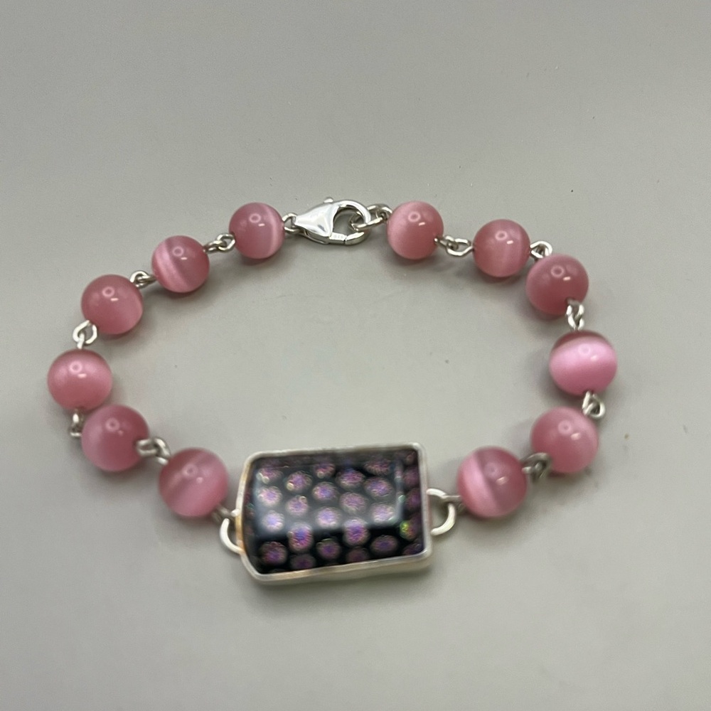 Elegant Pink and Silver Bracelet with Striking Fused Glass Focal